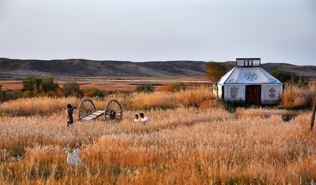 Autumn landscape view with Mongolia yurtの写真素材