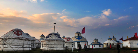 mongolian yurts under sunsetのeditorial素材