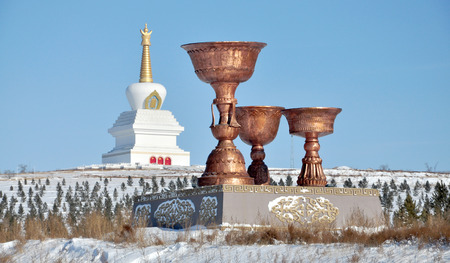 white pagoda and wine glass bronze sculpture in winter Sceneryのeditorial素材