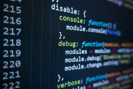 Software source code. Programming code. Programming code on computer screen. Developer working on program codes in office. Source code photo. Technology background. - Imageの写真素材