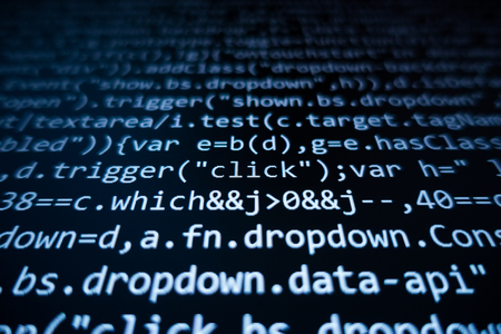 Software source code. Programming code. Programming code on computer screen. Developer working on...