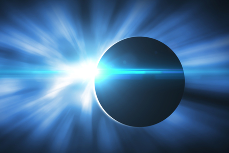 The moon covers the sun in a beautiful solar eclipse. Other color and views available. 3d rendering...