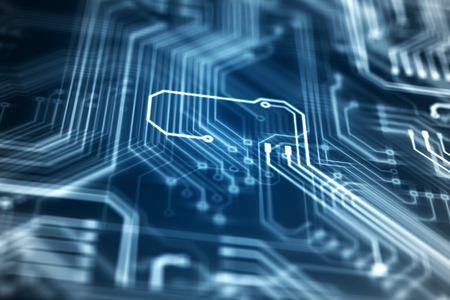 Circuit board futuristic server code processing. Orange, green, blue technology background with...
