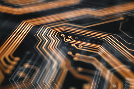 Abstract orange circuit board with bright light. Technological and electrical concept. Used for...