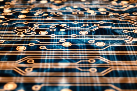 Bright points and lines form a circuit board in black background. Micro digital board. Science and technology. 3d rendering - illustration.の写真素材