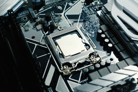 Computer motherboard and processor. Digital science and technology. - Imageの写真素材