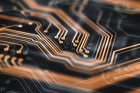 Abstract orange circuit board with bright light. Technological and electrical concept. Used for graphic source or background. 3d rendering - illustration.の写真素材