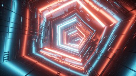 Abstract technological tunnel with blue and red light. 3d rendering - illustration