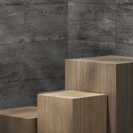 product presentation and fashion magazine. Yellow wood podium on gray concrete wall scene with...