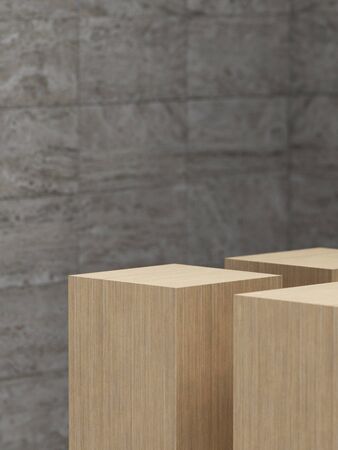 product presentation and fashion magazine. Yellow wood podium on gray concrete wall scene with shadow. Minimal geometric shape. 3d rendering illustration.の写真素材
