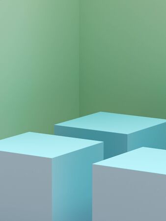 product presentation and fashion magazine. Pure blue podium with green wall and soft shadow. Minimal geometric shape. 3d rendering illustration.の写真素材