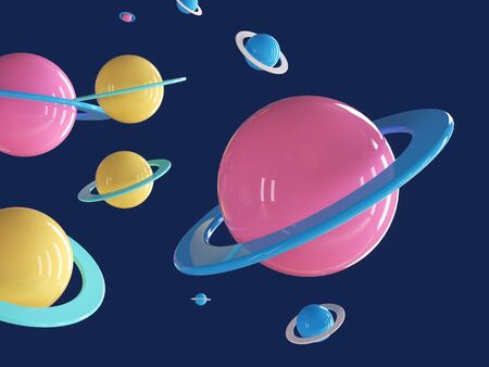 Colorful cartoon planet in blue deep universe. 3d rendering - illustration.の写真素材