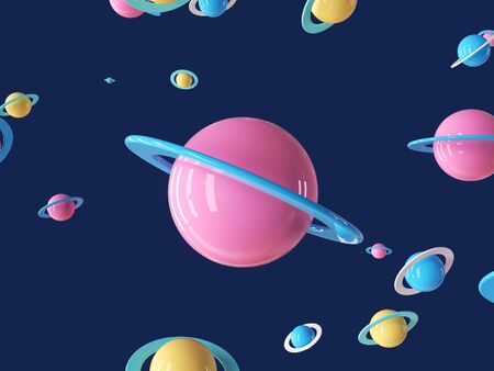 Colorful cartoon planet in blue deep universe. 3d rendering - illustration.の写真素材