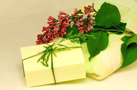Lilac flowers, a soap and a towel