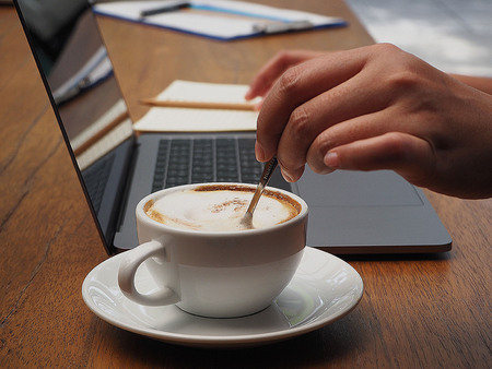 Moion is one of the common people.New coffee for drinkers New keyboard Eye view screen notebook simultaneously.の写真素材