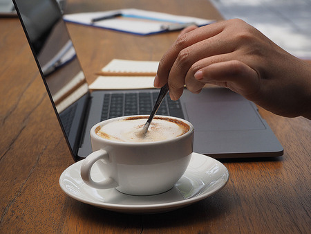 Moion is one of the common people.New coffee for drinkers New keyboard Eye view screen notebook simultaneously.の写真素材