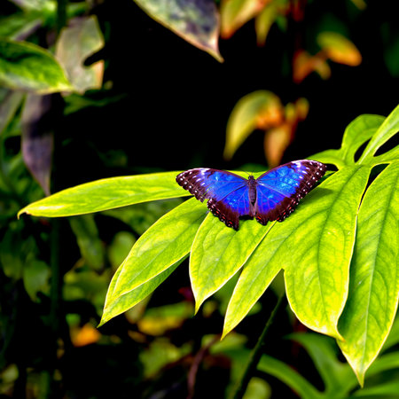 Metallic Blue Morpho butterfly on a leafの写真素材