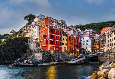 Sunset in Riomaggiore, Cinque Terre, Liguria, Italyの写真素材