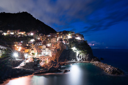 Manarola at night, Cinque Terre, Liguria, Italyの写真素材