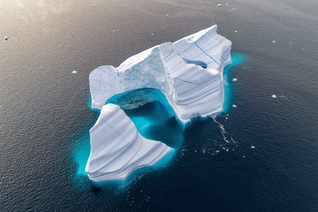 Birds-eye view. Greenland, Uummannaq, beautiful ice floes in fjord in sunny day