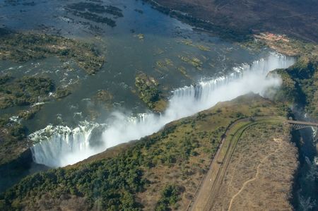 Aerial view of the Victoria Falls on the border of Zambia and Zimbabweの写真素材