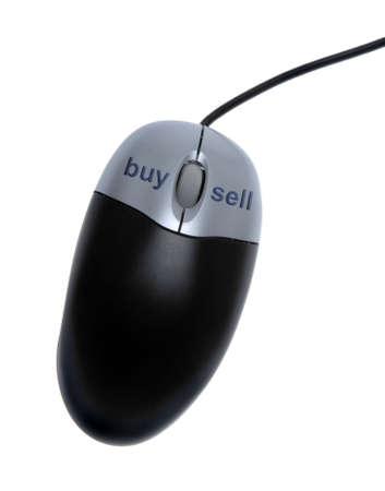 mouse with dedicated buy and sell buttons over white backgroundの写真素材