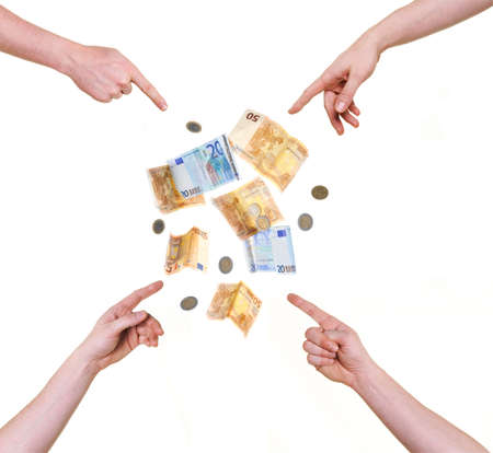 four hands pointing at money isolated on white backgroundの写真素材