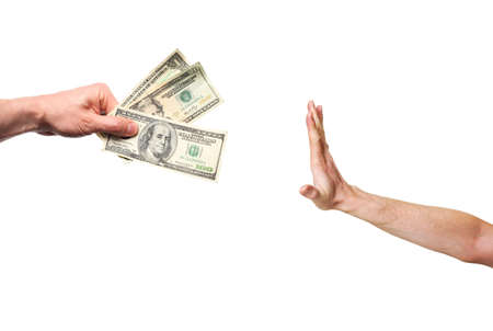 hand rejecting money isolated on white background