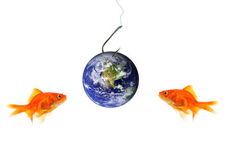 Two goldfish looking at planet earth as bait on hook isolated on white. Some components of this...