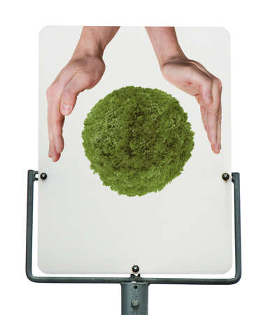 Sign with hands protecting green planet isolated on white backgroundの写真素材