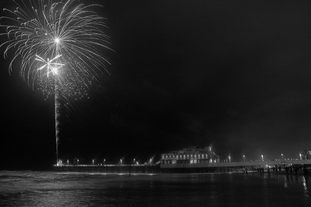 Fireworks being shot from the pier at Daytona Beach in Floridaの写真素材