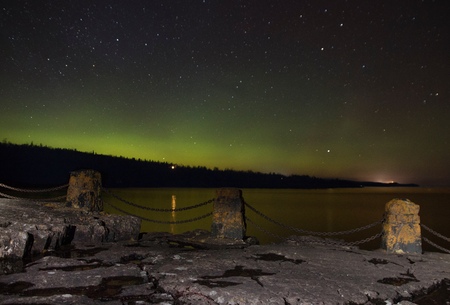 Northern lights and Aurora over Lake Superior on the North Shore of Lake Superior in Minnesotaの写真素材