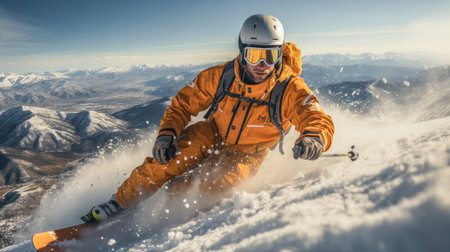 Sporty man skiing fast in the snow. Dynamic and competitive style in the mountains.の素材