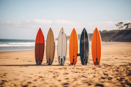 Colorful surfboards on the sand of the beach and the sea in the background. Sunsetの素材