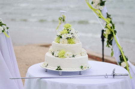 Wedding cake with knife set up by the beach.の写真素材