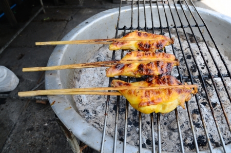 chicken on grill in Thai traditional cooking.の写真素材