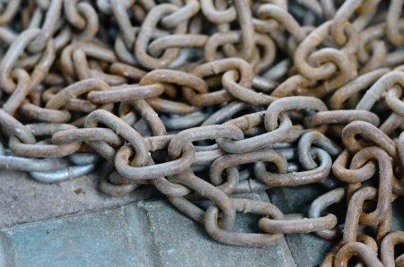 Close up of a pile of chains on the floor.の写真素材