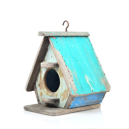 Bird's house made from wood in vintage style isolated on white.の写真素材