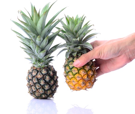 Man's hand picking up raw pinapple on whiteの写真素材