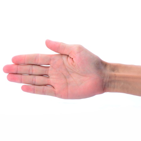 Empty hand of man isolated on whiteの写真素材