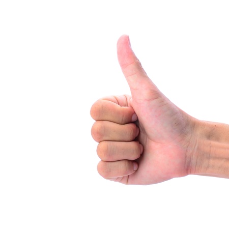 Man's hand makes thumb up sign, isolated on whiteの写真素材