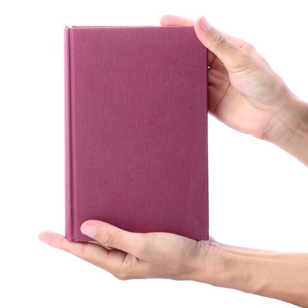 Man's hands showing or offering blank red book, education or knowledge concept.の写真素材