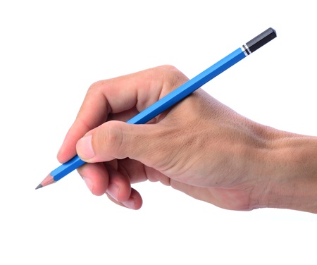 Man's hand holding pencil isolated on whiteの写真素材