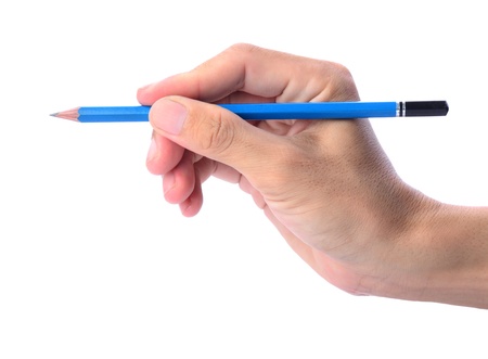 Man's hand holding pencil isolated on whiteの写真素材