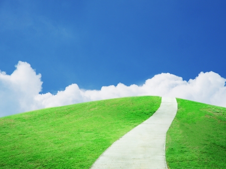 Buautiful green field under blue sky and pathway.の写真素材