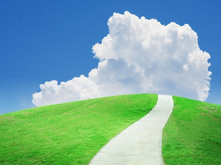 Buautiful green field under blue sky and pathway.の写真素材