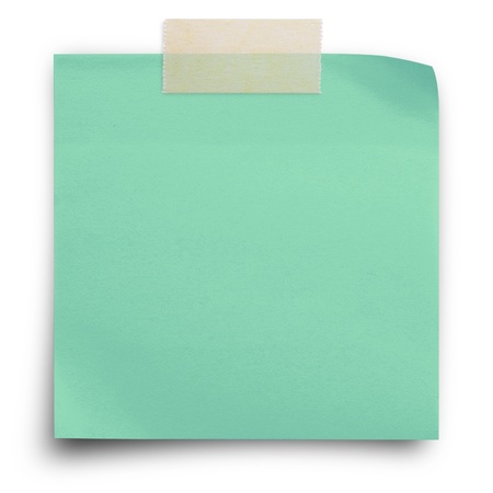 Green sticker paper note with scotch strip on white backgroundの写真素材