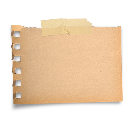 Torn brown paper note with scoth tape in vintage style, isolated on whiteの写真素材