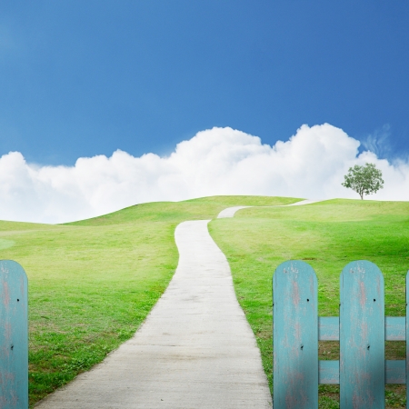 Long road on beautiful green field, with vintage fence for the foreground.の写真素材