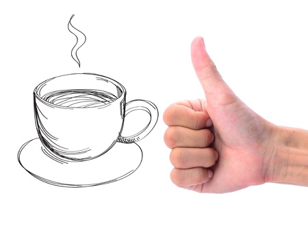 Man's hand makes thumb up sign on coffee drawing. Concept of drinking coffee.の写真素材